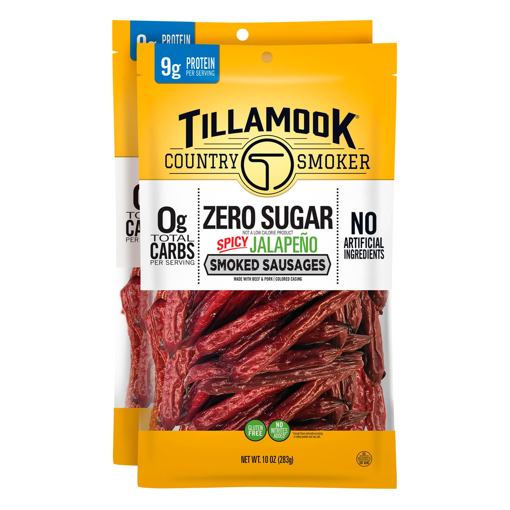 Tillamook Country Smoker zero sugar spicy jalapeño sausages pack, keto-friendly snack option
