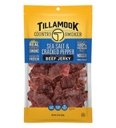 Tillamook Country Smoker beef jerky sea salt cracked pepper bag shows premium on-the-go snack