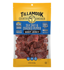 Tillamook Country Smoker beef jerky sea salt cracked pepper bag shows premium on-the-go snack