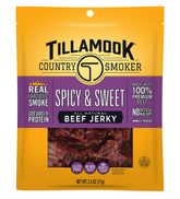 Tillamook Country Smoker beef jerky in 2.5oz bag, spicy-sweet flavor, protein-rich snack.