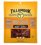 Tillamook Country Smoker honey glazed jerky packshot highlighting convenient resealable pouch for on-the-go snacking.