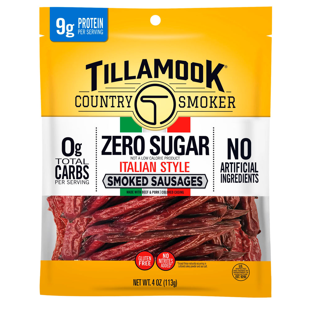 Tillamook Country Smoker Italian Sausage 4oz pack front; keto-friendly snacking option.