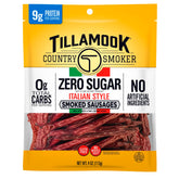 Tillamook Country Smoker Italian Sausage 4oz pack front; keto-friendly snacking option.