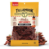 Tillamook Mike's Hot Honey beef jerky packaging on shelf showcases premium quality