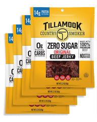 Tillamook Country Smoker original beef jerky 4-pack label shows keto-friendly zero sugar option.