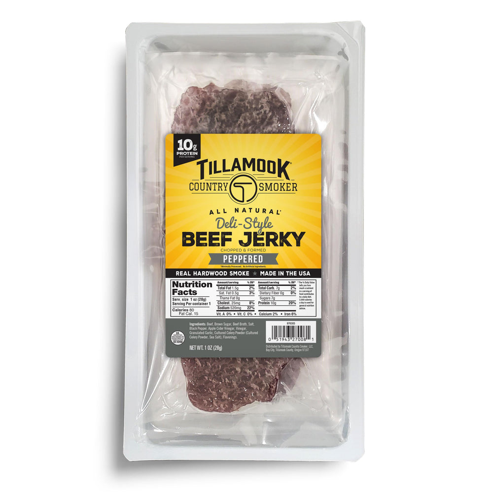 Tillamook Country Smoker peppered slab beef jerky slices for on-the-go protein