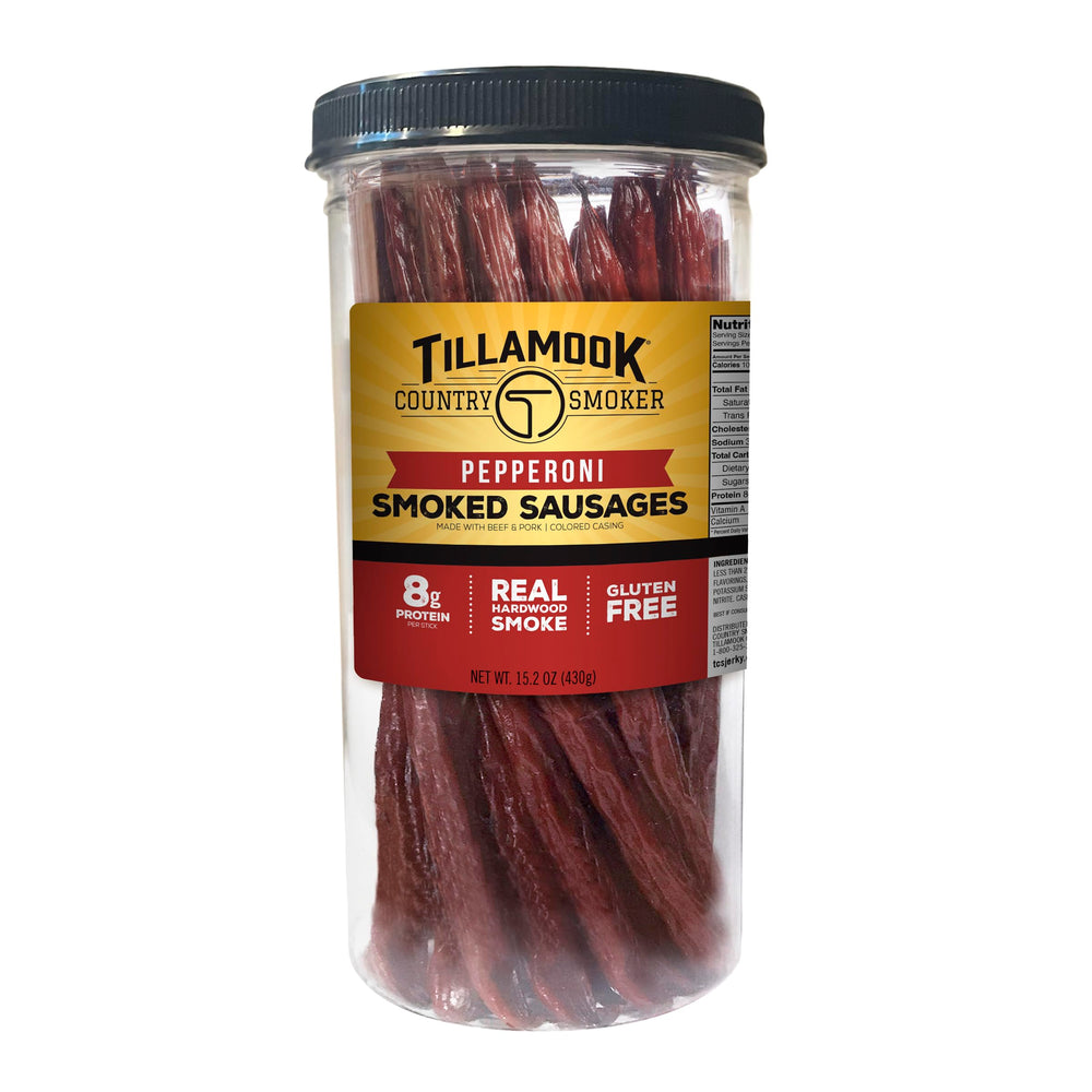 Tillamook Country Smoker pepperoni sausages in a resealable jar for easy snacking