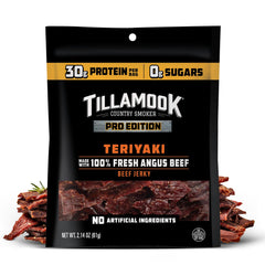 Tillamook Country Smoker PRO Edition Jerky Teriyaki front showcasing protein-rich snack.
