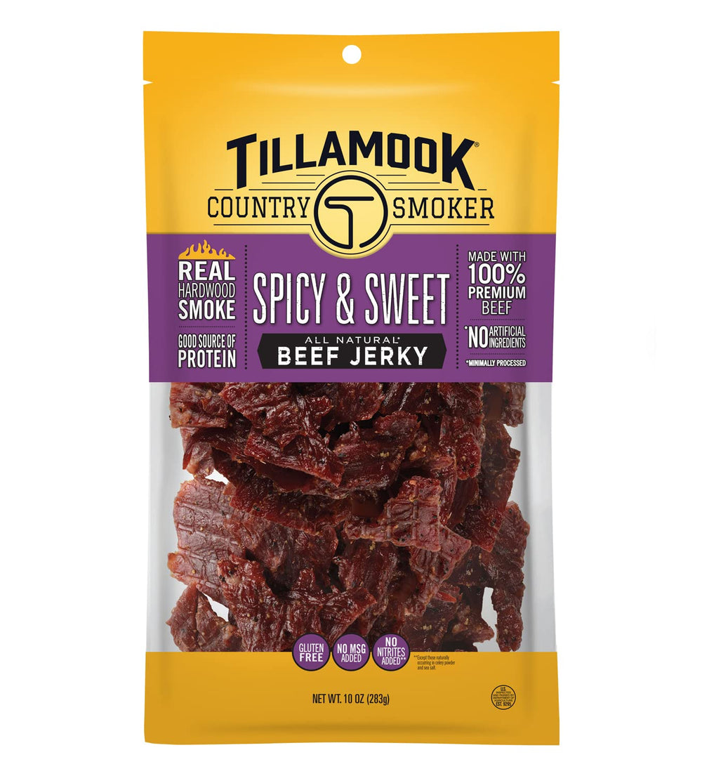 Tillamook Country Smoker beef jerky pack shot highlighting spicy-sweet flavor