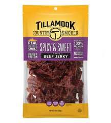 Tillamook Country Smoker beef jerky pack shot highlighting spicy-sweet flavor