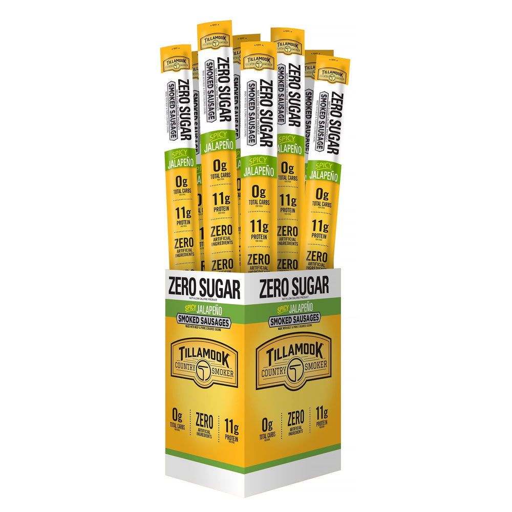 Tillamook Country Smoker spicy jalapeno sausages packaging for bold flavor on demand.