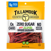 Tillamook Country Smoker Spicy Jalapeño sausage, front-pack view, ready-to-eat keto-friendly snack.