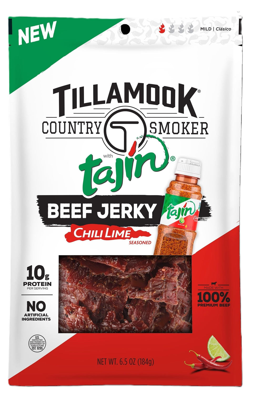 Tillamook Country Smoker Tajin beef jerky pack featuring bold chili lime flavor for portable protein