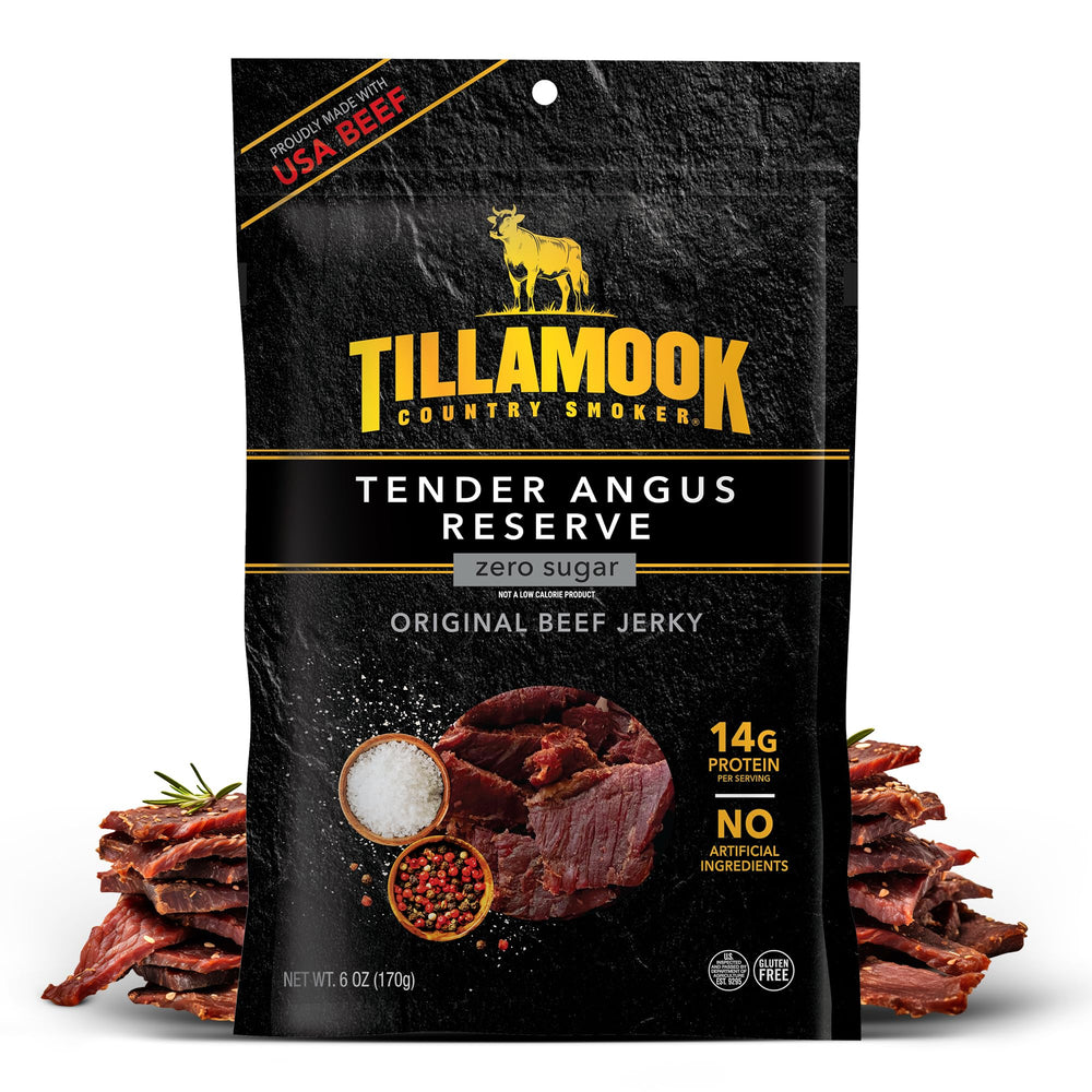 Tillamook Country Smoker Tender Angus Reserve jerky pack — high-protein on-the-go snack.