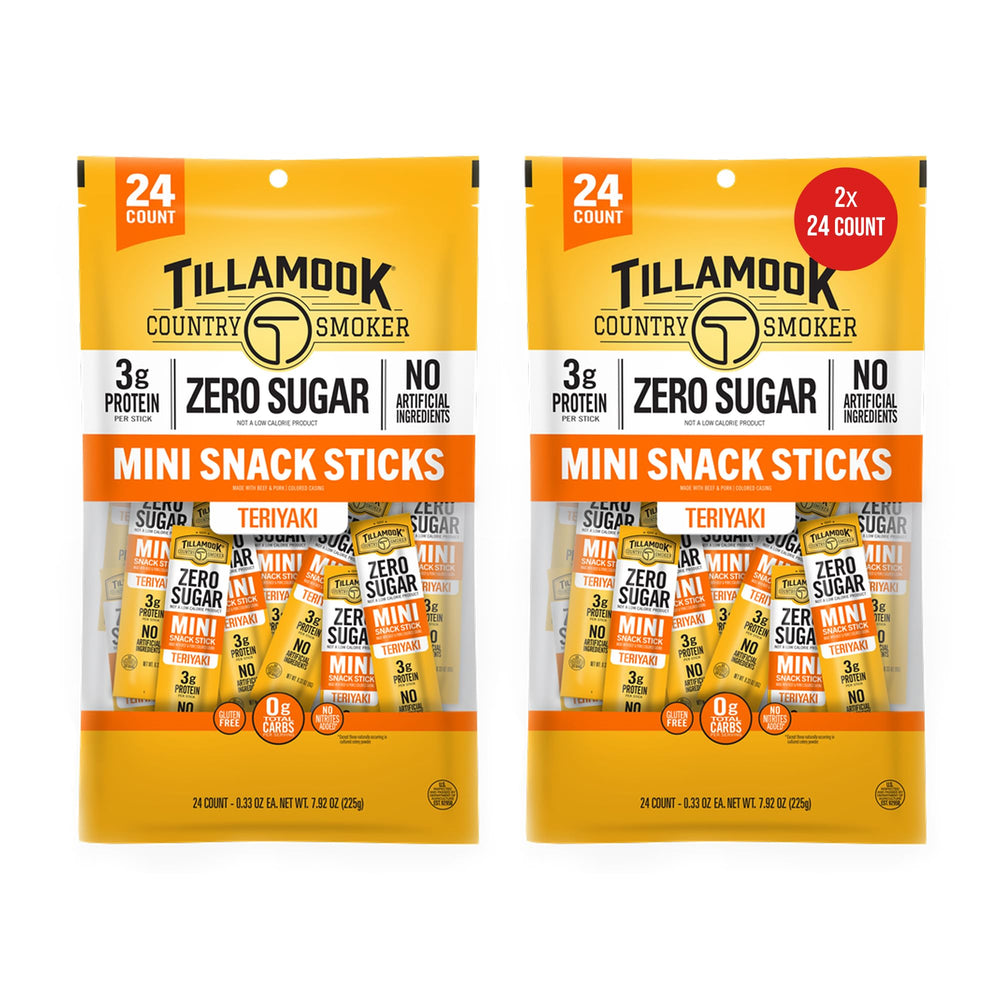 Tillamook Country Smoker Teriyaki mini sausages pack, ideal for on-the-go lunches.