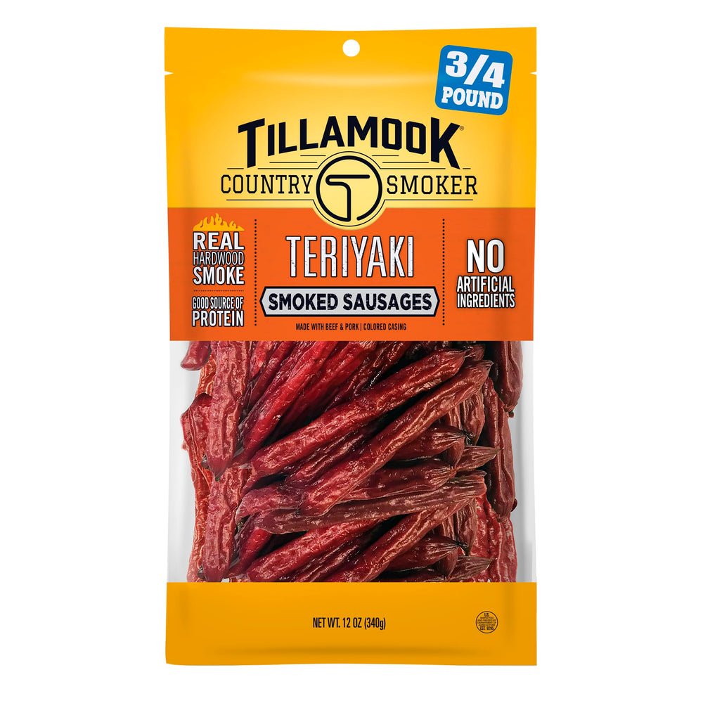 Tillamook Country Smoker Teriyaki sausages packaging with bold glaze, perfect travel snack.