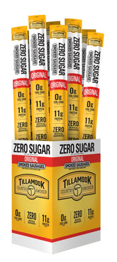 Tillamook Country Smoker zero sugar original sausage stick packaging showcases a protein-packed snack.