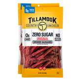 Tillamook Country Smoker Zero Sugar Sausages pack front view, keto-friendly snack option.