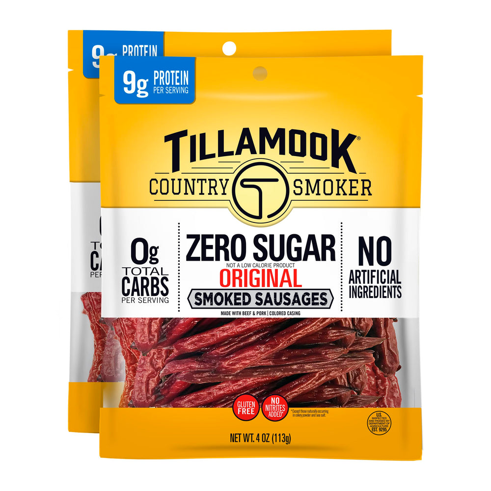 Tillamook Country Smoker zero sugar original sausages pack 2 front view – keto-friendly snack option.