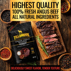 Tillamook Tender Angus Reserve jerky close-up — hardwood-smoked tenderness and aroma.