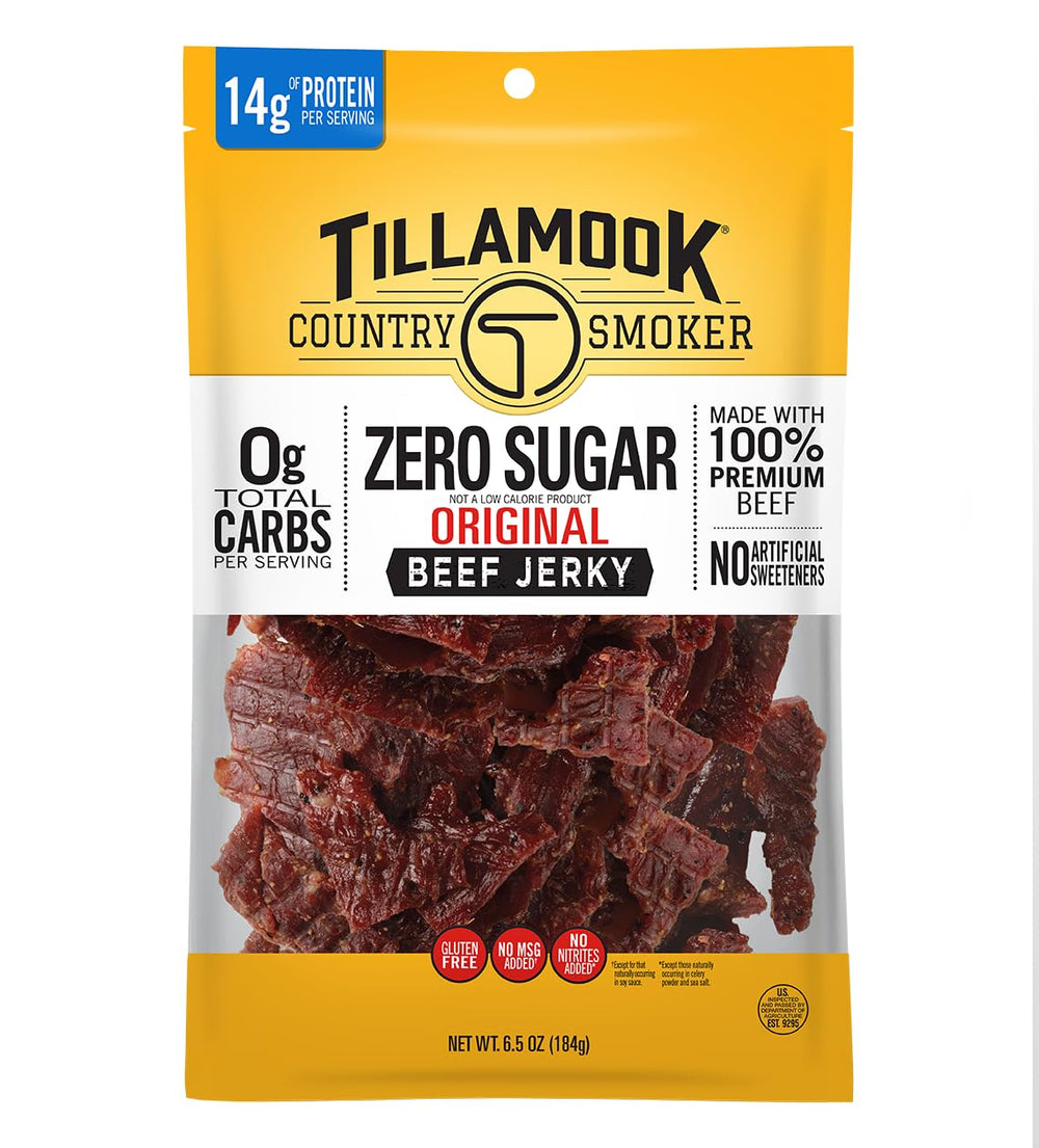 Tillamook Keto Zero Sugar Original Beef Jerky packaging showcases 6.5 oz bag.