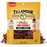 Tillamook Mike’s Hot Honey beef jerky packaging highlights on-the-go protein and bold flavor.