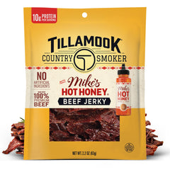 Tillamook Mike’s Hot Honey beef jerky packaging highlights on-the-go protein and bold flavor.