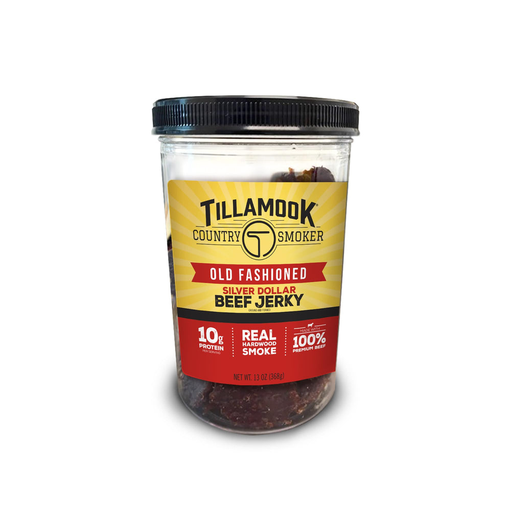 Tillamook Old Fashioned Silver Dollar Beef Jerky jar with hardwood smoke flavor.