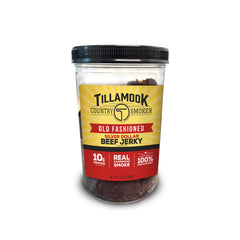 Tillamook Old Fashioned Silver Dollar Beef Jerky jar with hardwood smoke flavor.