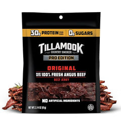 Tillamook PRO Edition Angus beef jerky slices hardwood-smoked for rich flavor.