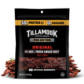 Tillamook PRO Original jerky bag, protein-packed on-the-go snacking.