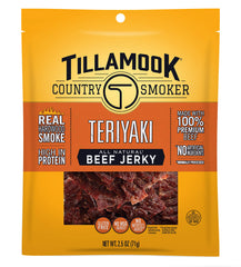 Tillamook Teriyaki Beef Jerky bag front, protein-packed snack for busy days.
