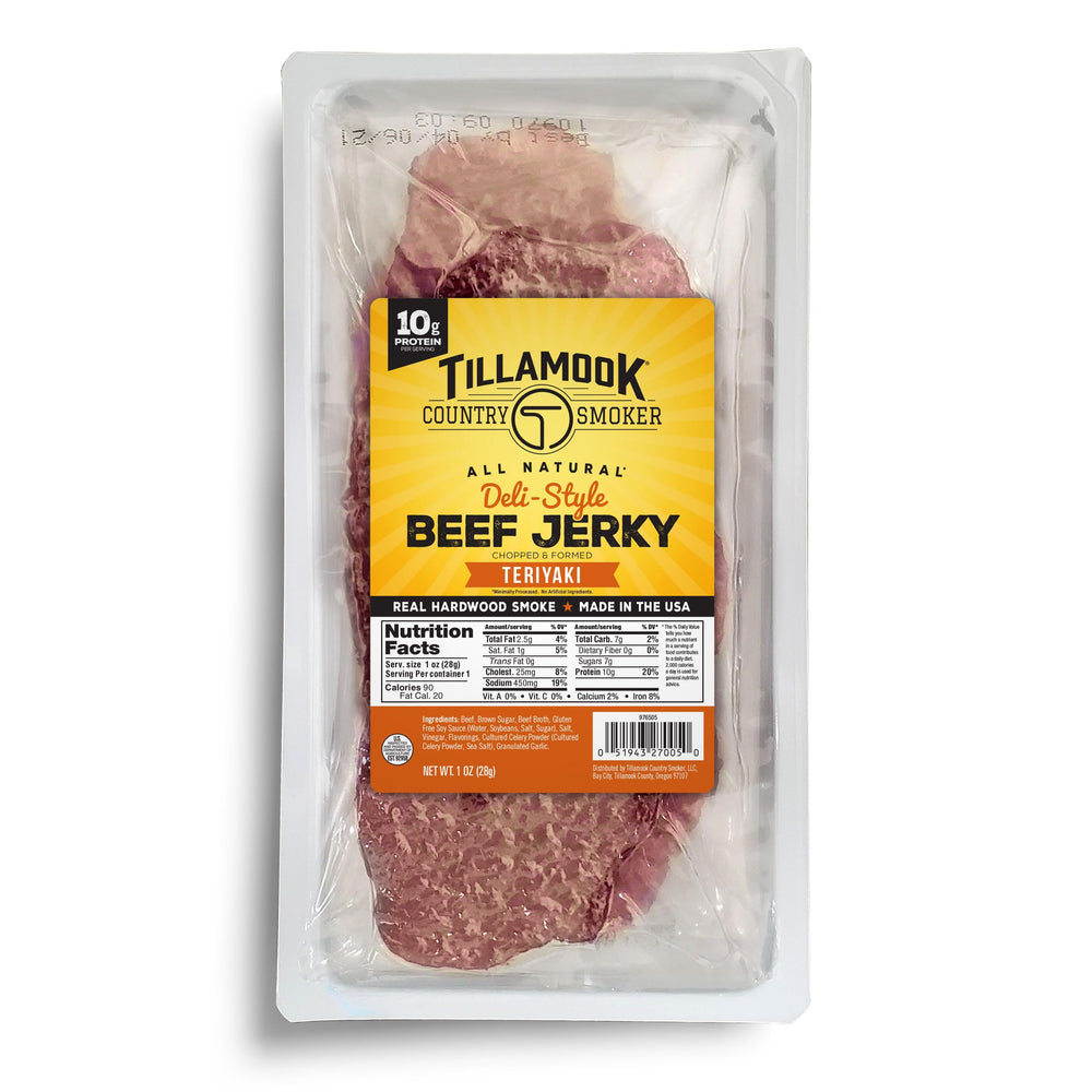 Tillamook Teriyaki Slab beef jerky thin-slice close-up, premium protein snack.