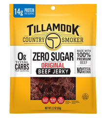 Tillamook Zero Sugar Beef Jerky original pack on shelf, a convenient protein snack.