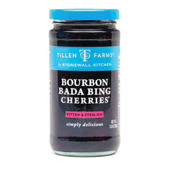 Tillen Farms Bourbon Bada Bing cherries close-up glossy fruit with premium flavor potential.