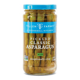 Tillen Farms Mild Pickled Asparagus jar, front view, crisp spears perfect for snacking.
