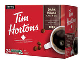 Tim Hortons dark roast coffee pod loaded in a Keurig for quick brewing