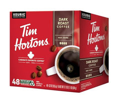 Tim Hortons Dark Roast K-Cup pods side view, consistent strength for Keurig brews.