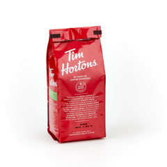 Tim Hortons Decaf Blend 100% Arabica label signaling smooth, consistent flavor.