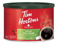 Tim Hortons decaf ground coffee 640g packaging, convenient everyday option.