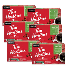 Tim Hortons decaf medium roast K-Cup pod in red packaging for Keurig brewers.