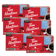 Tim Hortons French Vanilla K-Cup in bold red packaging for quick coffee moments