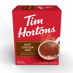 Tim Hortons hot cocoa mix packets eight count, perfect for quick cozy drinks at home.