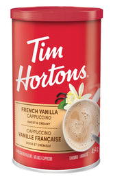 Tim Hortons instant cappuccino French Vanilla 16-ounce can for home brewing.