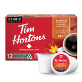 Tim Hortons maple flavor coffee pods in a red 12-count pack for cozy mornings