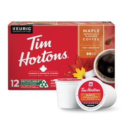 Tim Hortons maple flavor coffee pods in a red 12-count pack for cozy mornings
