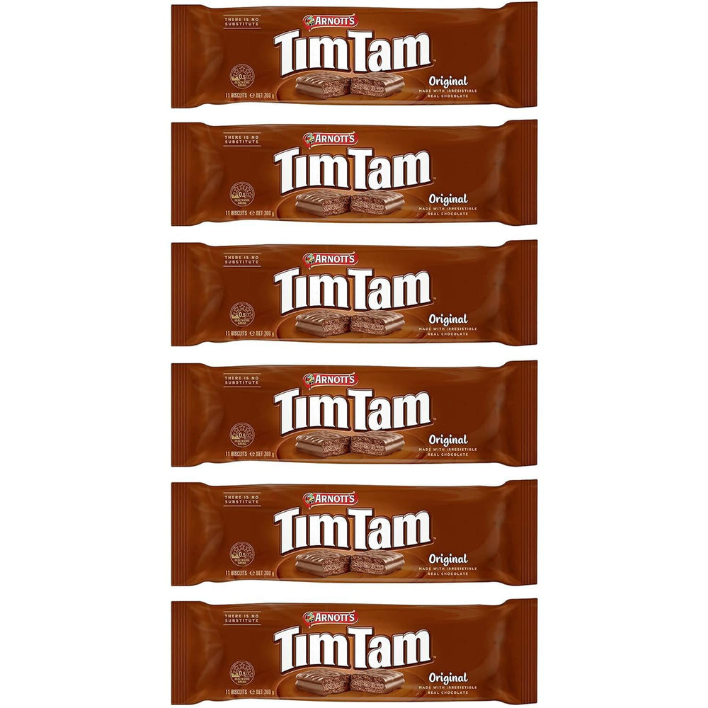 Tim Tam Original chocolate biscuits in a 6-pack for convenient sharing.