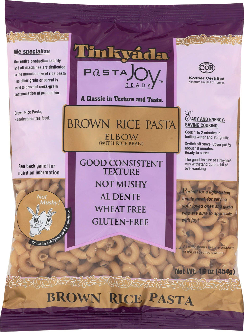 Tinkyada brown rice elbow pasta packaging shows dedicated rice pasta facility.