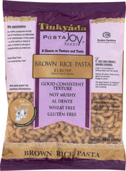 Tinkyada brown rice elbow pasta packaging shows dedicated rice pasta facility.