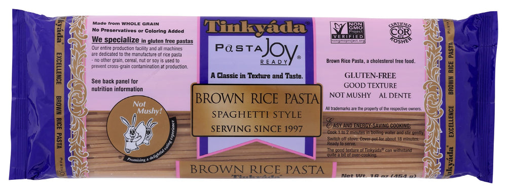 Tinkyada brown rice pasta spaghetti pack, gluten-free and ready for versatile family meals.